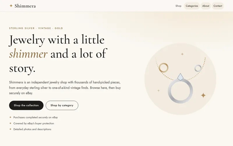 Shimmera homepage: a jewelry storefront with sterling silver, vintage and gold pieces